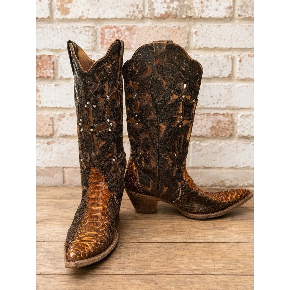 Corral Woman’s Python Snakeskin Cowboy Boots Sz 10 Cross Cut Outs Brown Cowgirl